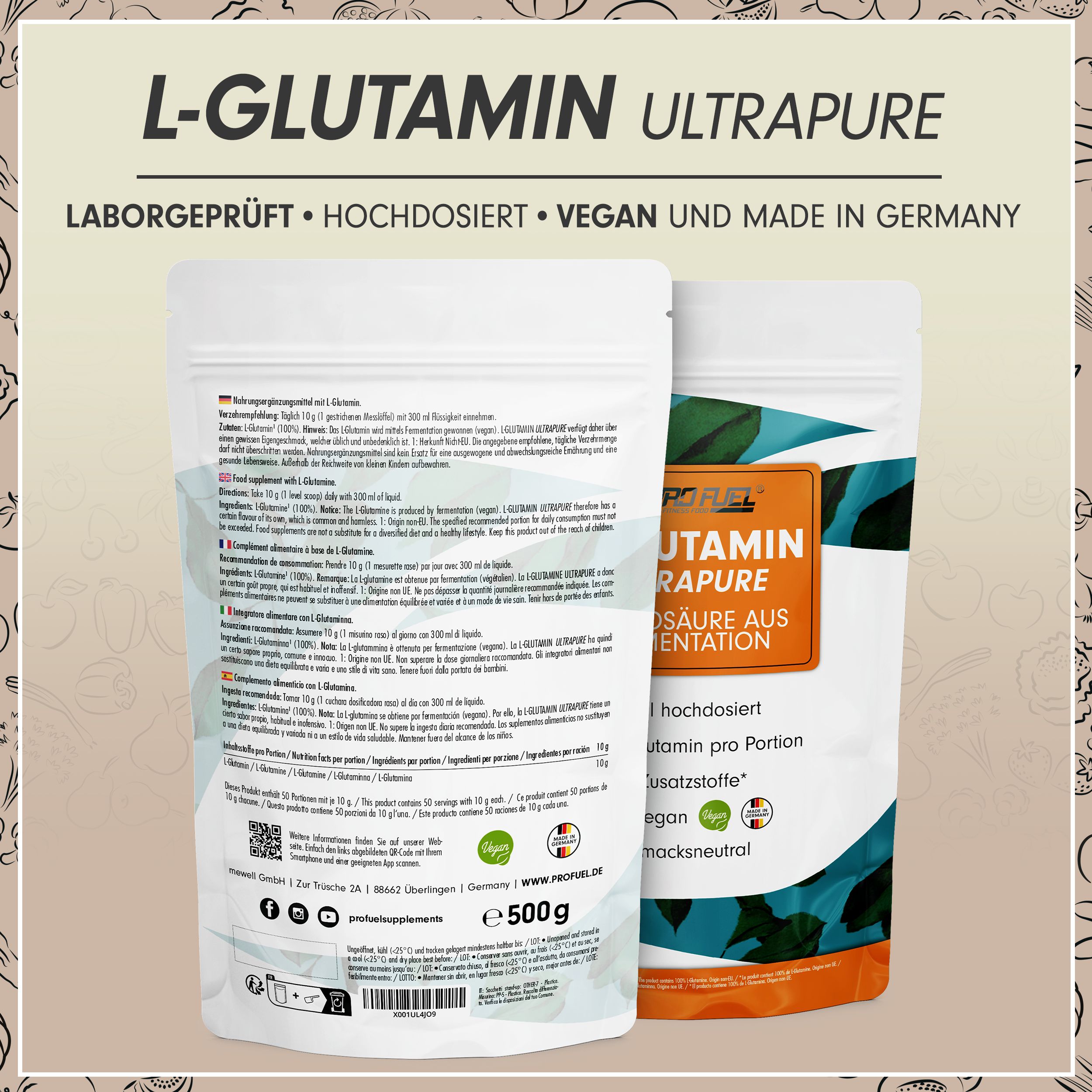 ProFuel - L-Glutamin Ultrapure Pulver - 10g reines L-Glutamin pro Portion - Made in Germany & vegan