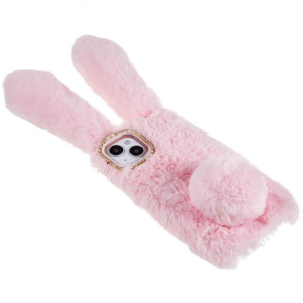 iPhone 14 3D Gummi Plüsch Case Hülle Bunny mit Flauschigen Hasenohren - Rosa