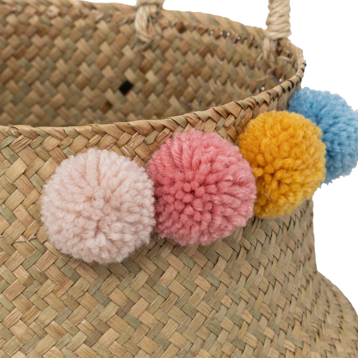 PANIER PLIABLE ROSEAU POMPONS D.33CM