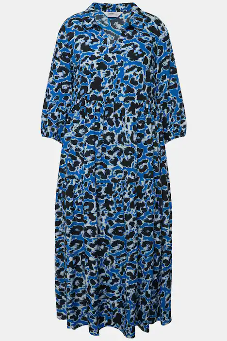 Maxikleid, A-Linie, Leomuster, V-Ausschnitt, 3/4-Ärmel, himmelblau
