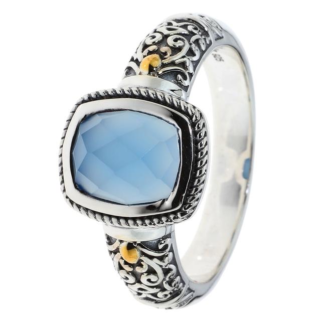 Solitär-Ring, blauer Achat, Silber 925 bicolor