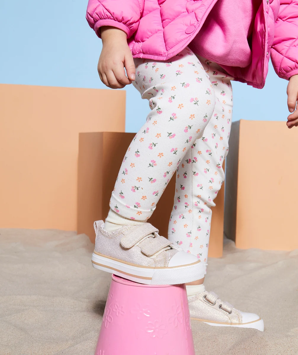 LEGGING BÉBÉ FILLE EN COTON BIO BLANC CÔTELÉ AVEC IMPRIMÉ FLEURI