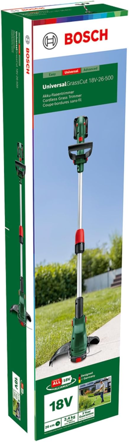 Bosch Akku-Rasentrimmer UniversalGrassCut 18V-26-500 (zum Rasentrimmen und Kantenschneiden; Ladezeit: 65 min; Schnittkreisdurchmesser: 26 cm; 18-Volt-System; mit 2.0 Ah-Akku und Ladegerät)