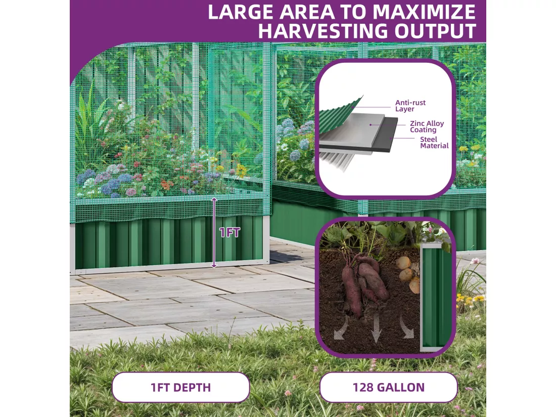 YITAHOME 174x90x88CM Carré Potager de Jardin - avec Structure en Filet - Anti-oiseaux - en Métal pour l'extérieur - avec Gants - Vert