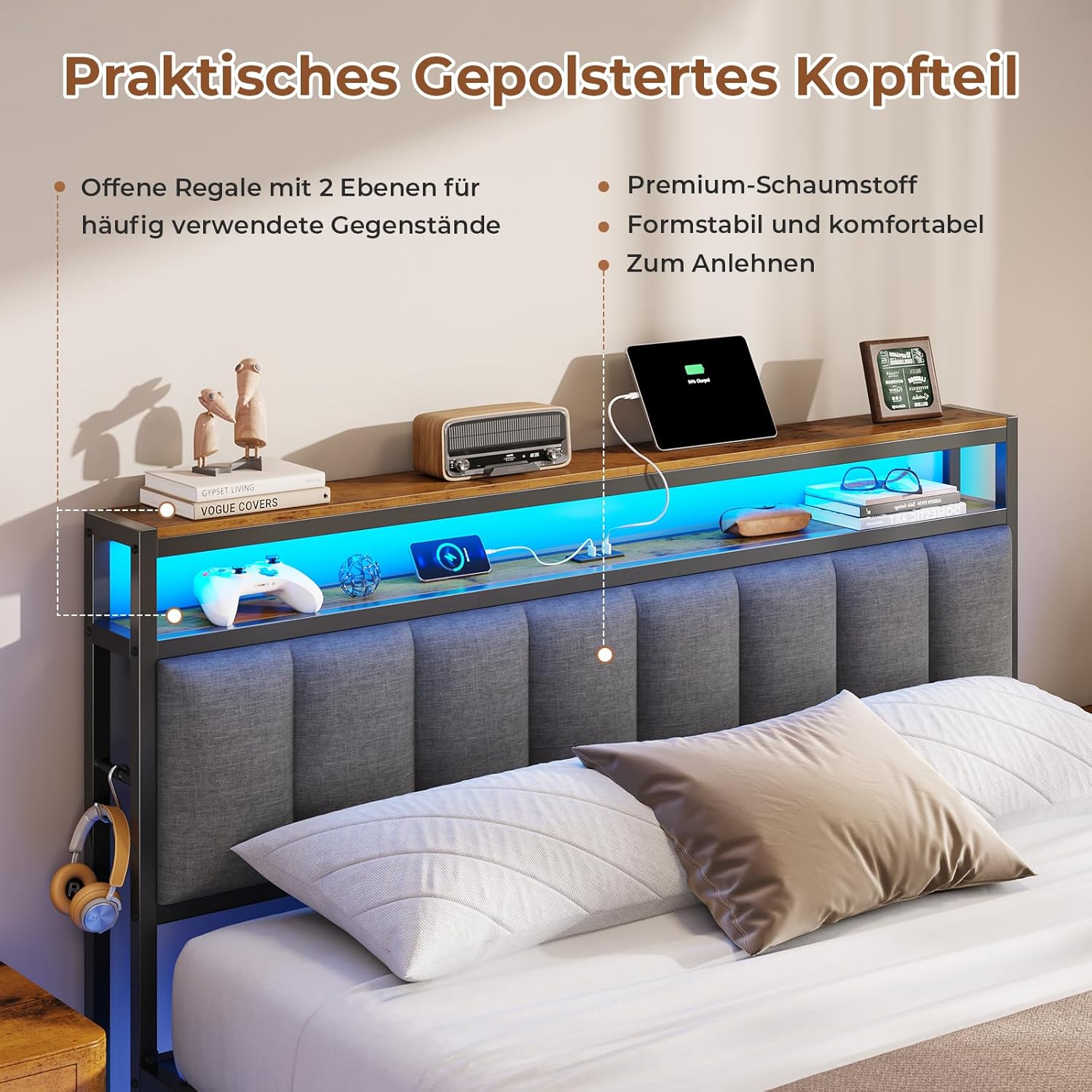 AOGLLATI Polsterbett 140x200 CM mit Ladestation & LED-Beleuchtung,Doppelbettgestell mit Stauraum Kopfteil & Lattenrost, Schwebender visueller Effekt,Modern Bettgestell Leinen, Ohne Matratze,Dunkelgrau QX2538156