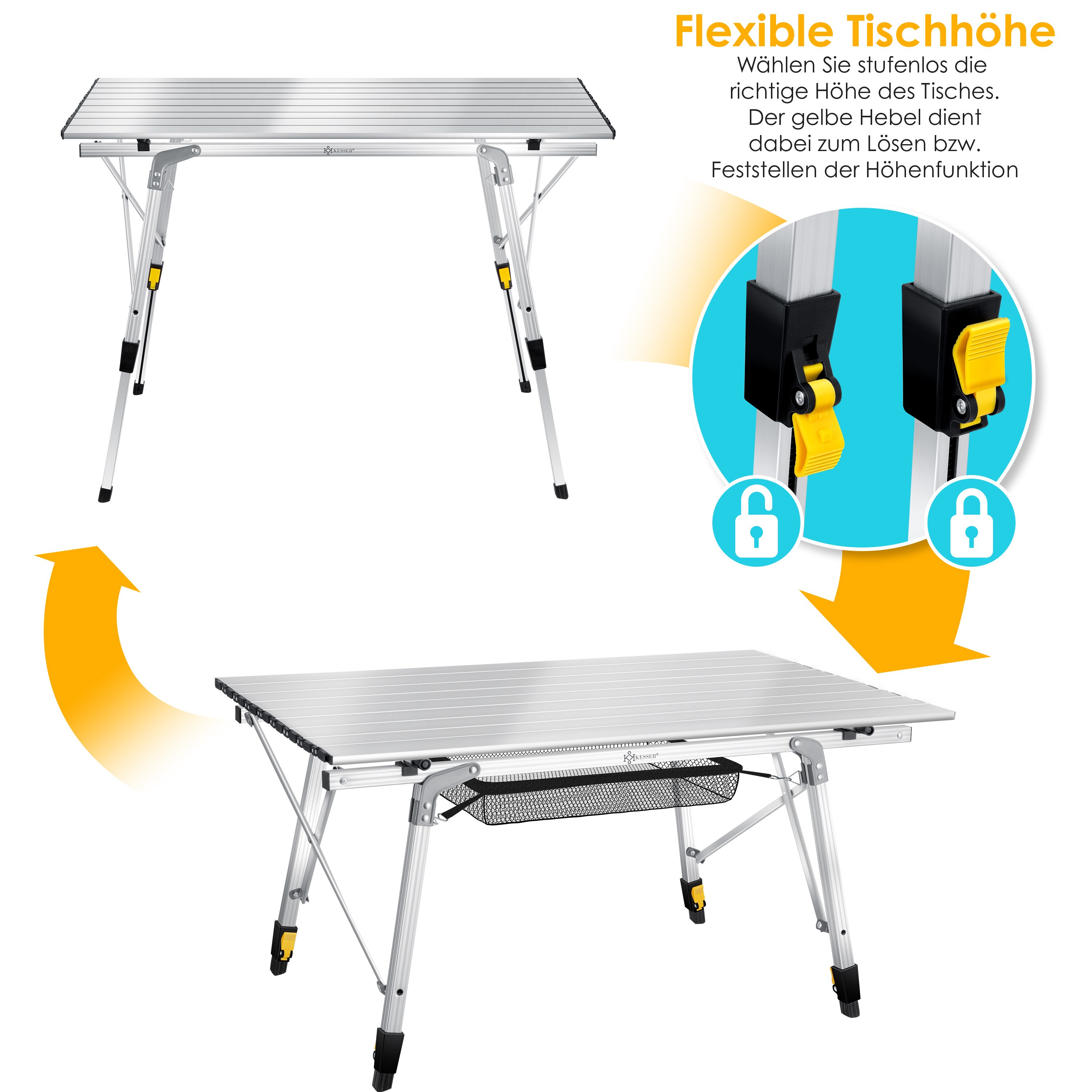 KESSER® Campingtisch faltbar Klapptisch Camping Tisch mit Aluminiumrahmen Aufrollbare Tischplatte Falttisch klappbar mit Höhenverstellung inkl. Tragetasche mit Trageband 90 x 53cm - bis 30 kg