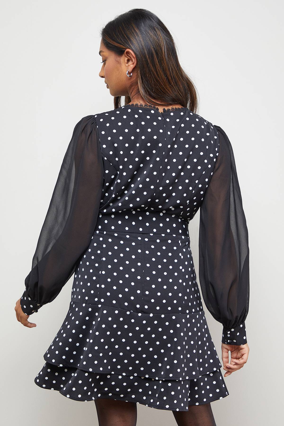 Oasis Robe Mini Évasée à Pois avec Ceinture et Manches Bouffantes