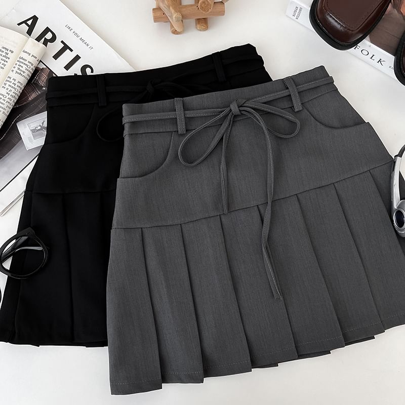 Babique - Hoge taille effen geplooide mini A-lijn rok