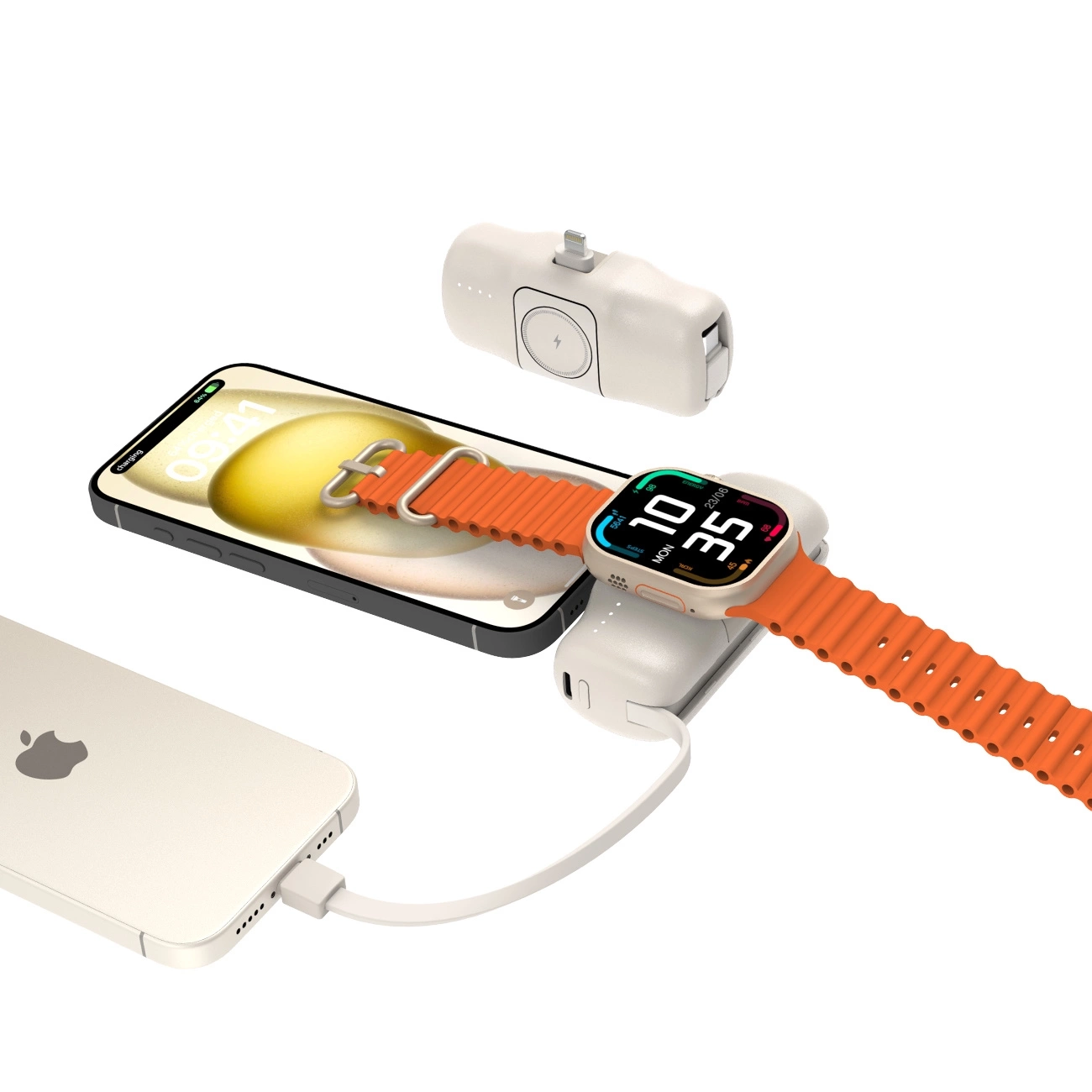 (15W) 5000mAh Lightning Powerbank Ladegerät inkl. USB C Ladekabel mit LED Anzeige - Beige