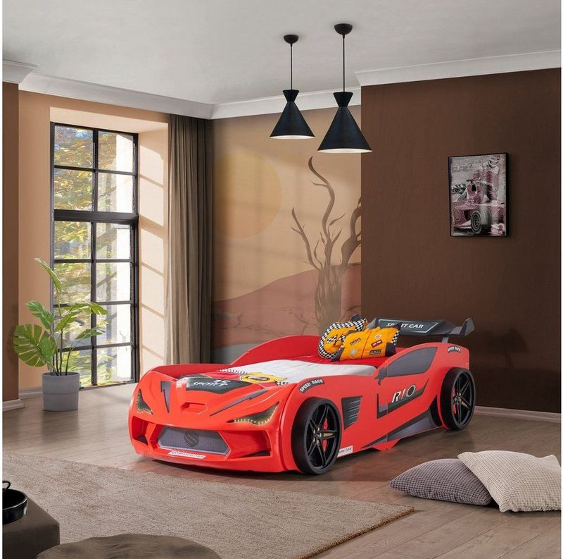 Aileenstore - Autobed Rio - Kinderbed - Rood - 90x200 incl. Lattenbodem en LED-verlichting