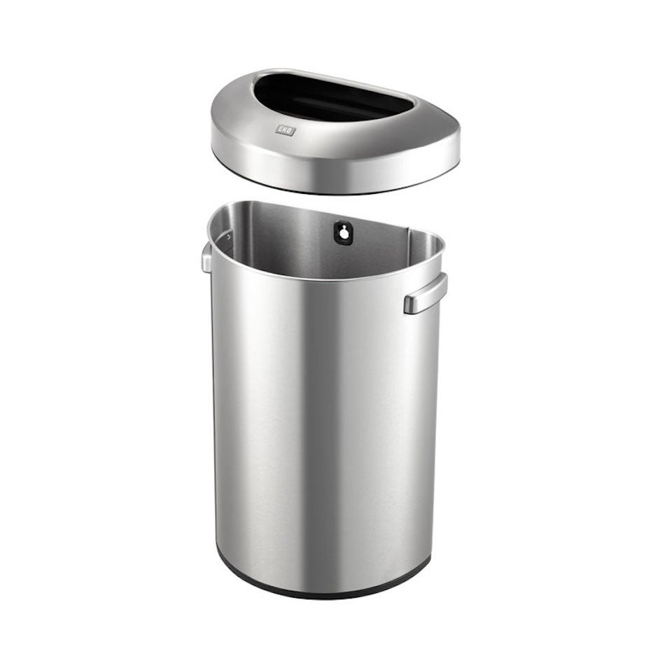 PROREGAL Stijlvolle halfronde open afvalbak van geborsteld roestvrij staal 80 liter HxBxD 75 x 50 x 35 cm Zilver