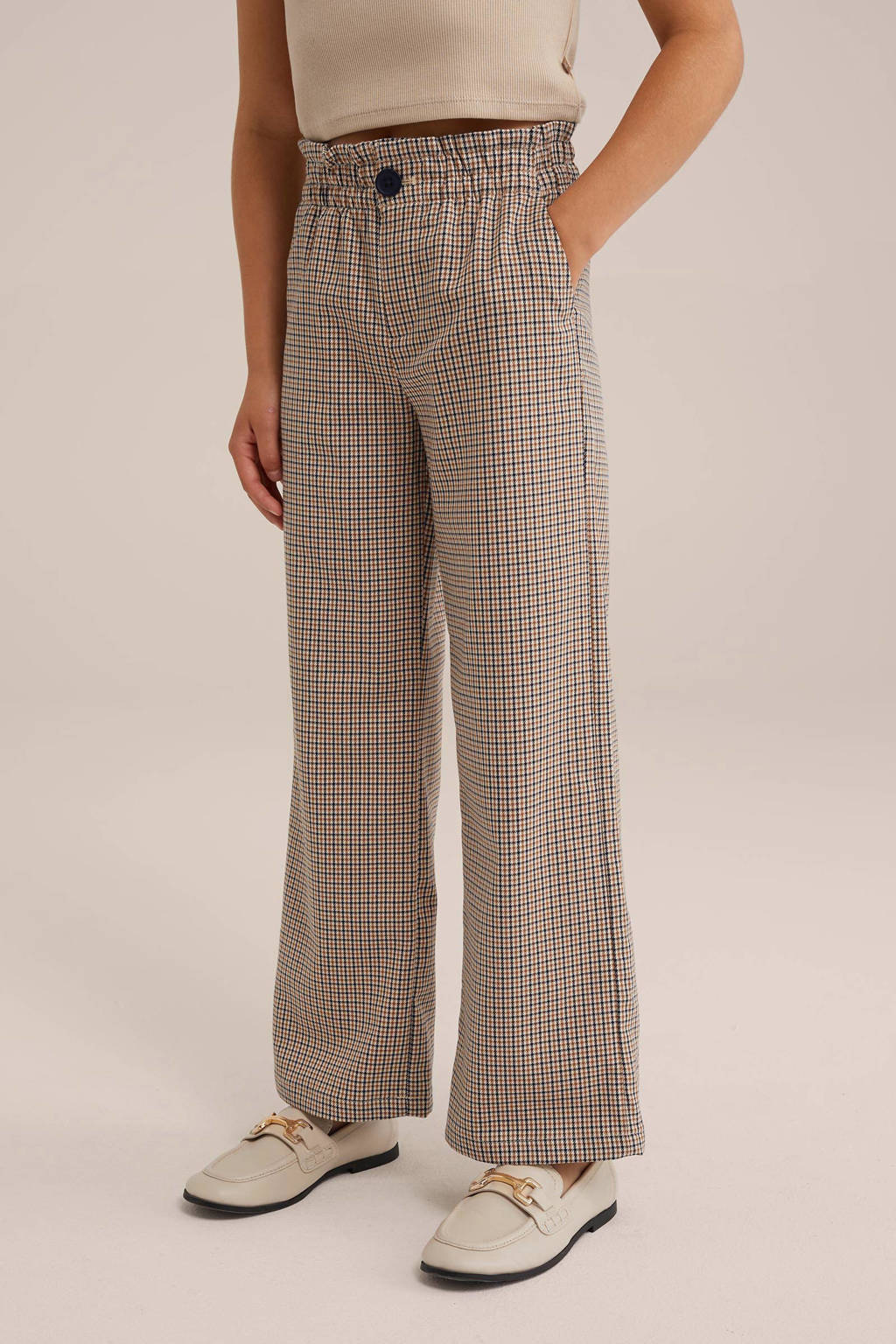 WE Fashion geruite straight fit broek beige/bruin/donkerblauw