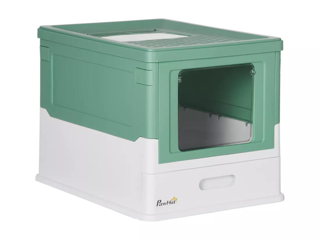 Maison de toilette pliable pour chat - tiroir à litière coulissant, porte battante et trappe transparente, pelle - blanc vert
