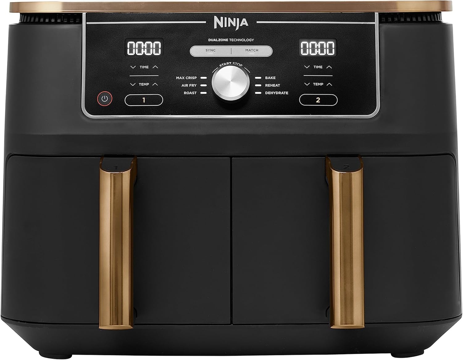 Ninja Foodi MAX Dual Zone Heißluftfritteuse, 9,5L Airfryer, 2 Fächer, mit Zange, Antihaftbeschichtung, spülmaschinenfeste Körbe, 6-in-1, Amazon Exklusiv, Kupfer/Schwarz, AF400EUCP