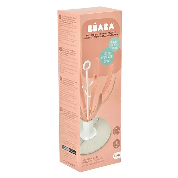 Escorredor de mamadeiras Béaba, dobrável, com estampa de flores, rosa.