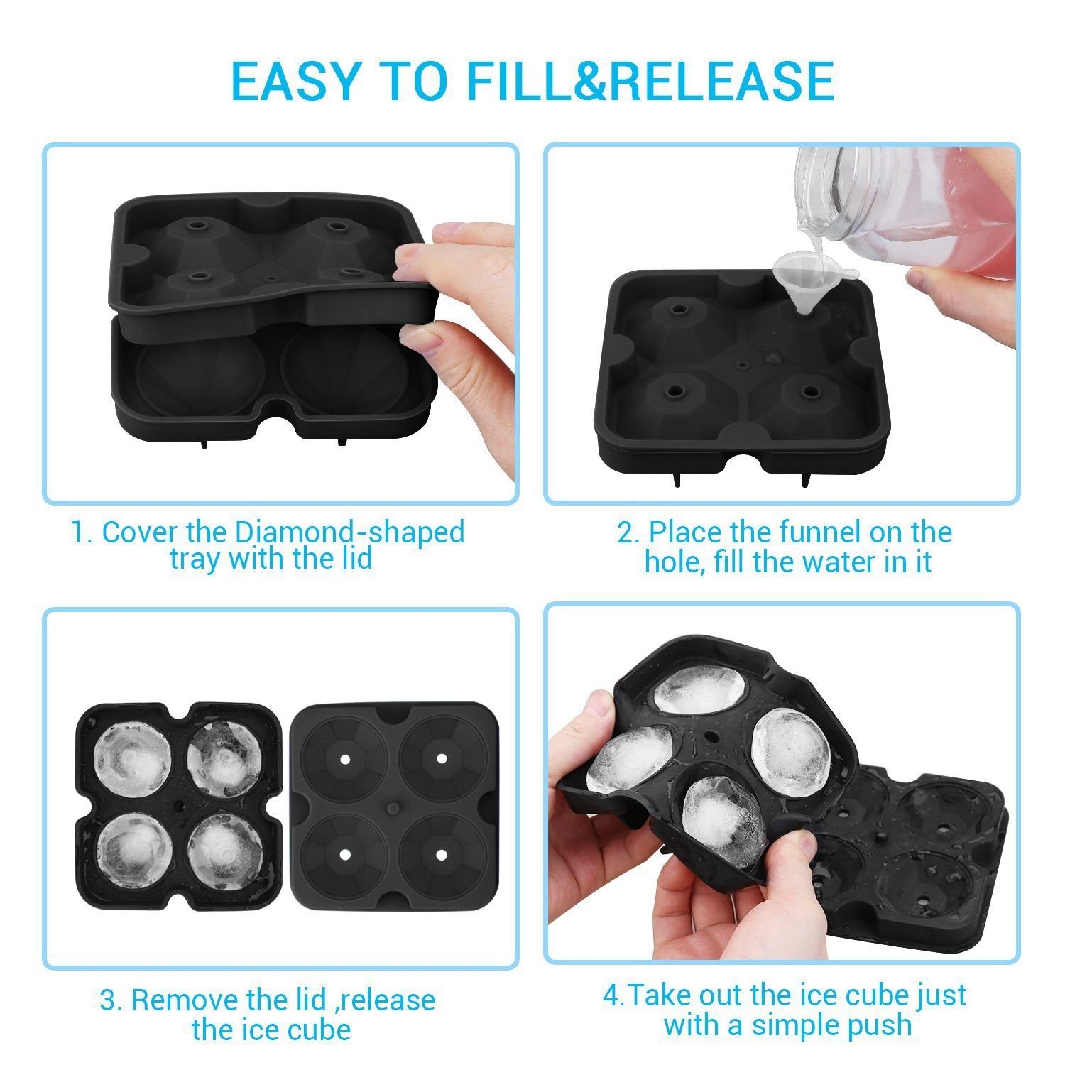 (4-fach) 3D Silikon Eiswürfel Form DIY Ice Cube Tray mit Deckel für Cocktails / Whisky / Softgetränke - Diamant