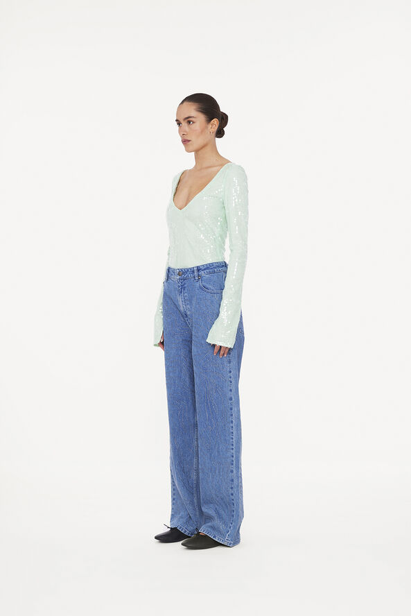 ROTATE Birger Christensen SEQUINS V-NECK TOP Gossamer green