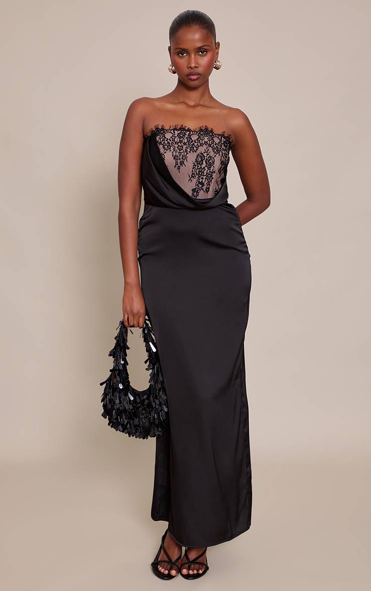 Noir Robe Longue En Satin Avec Détails En Dentelle