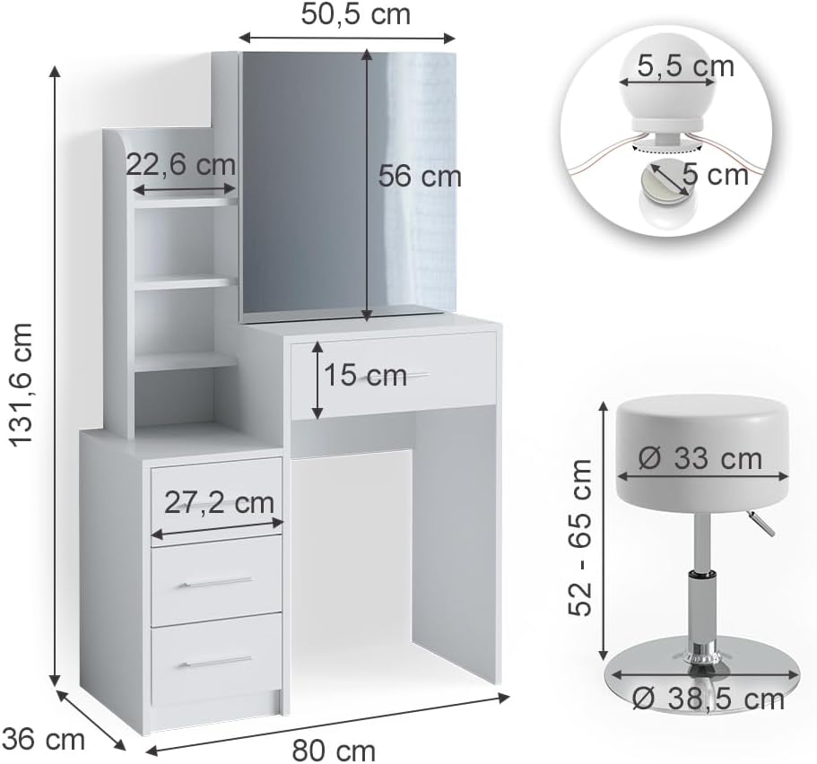 Vicco Schminktisch Conrada, Weiß, 80 cm mit LED Beleuchtung und Hocker