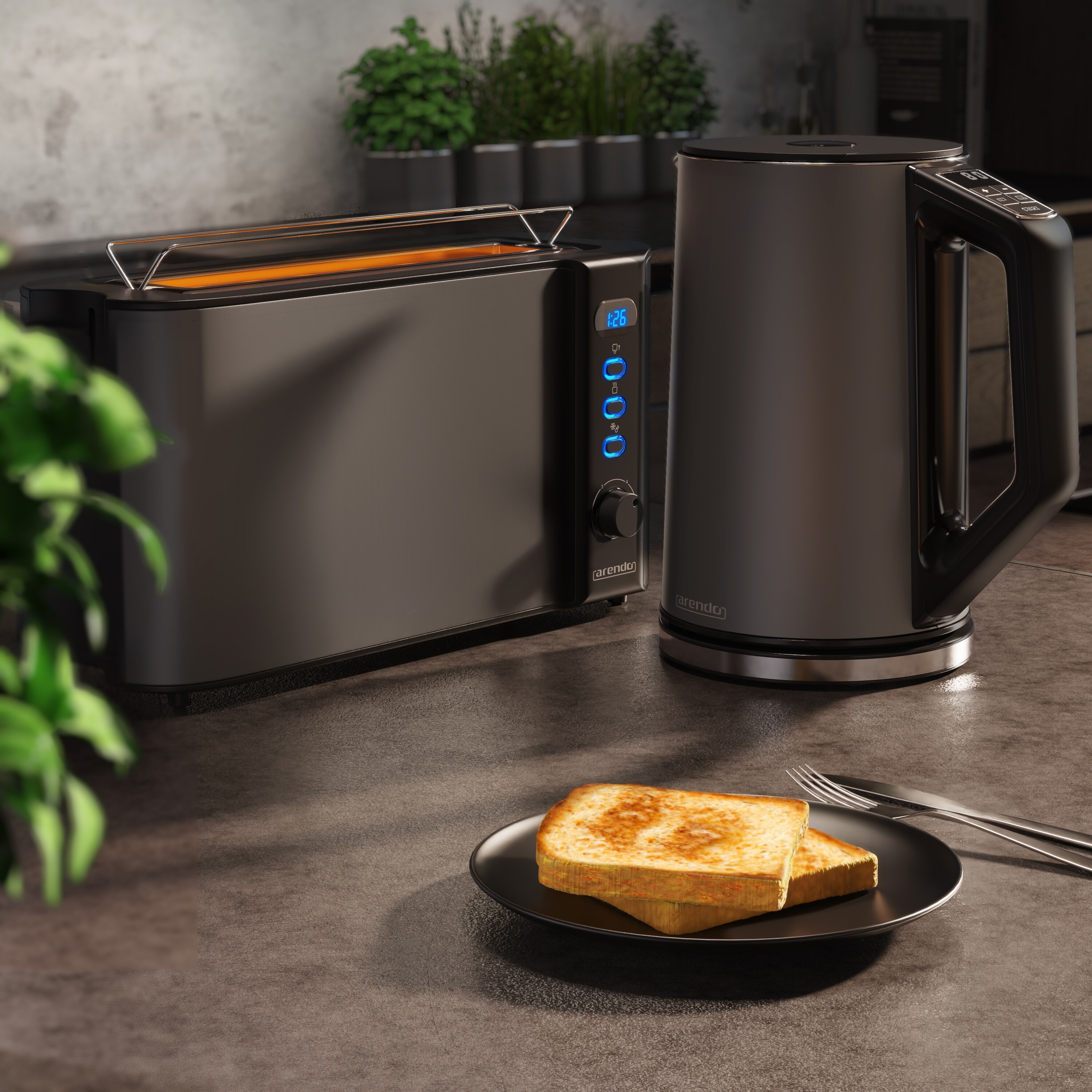 Arendo Frühstücks-Set, 1,5L Edelstahl Wasserkocher & 2-Scheiben Langschlitz Toaster, Grau
