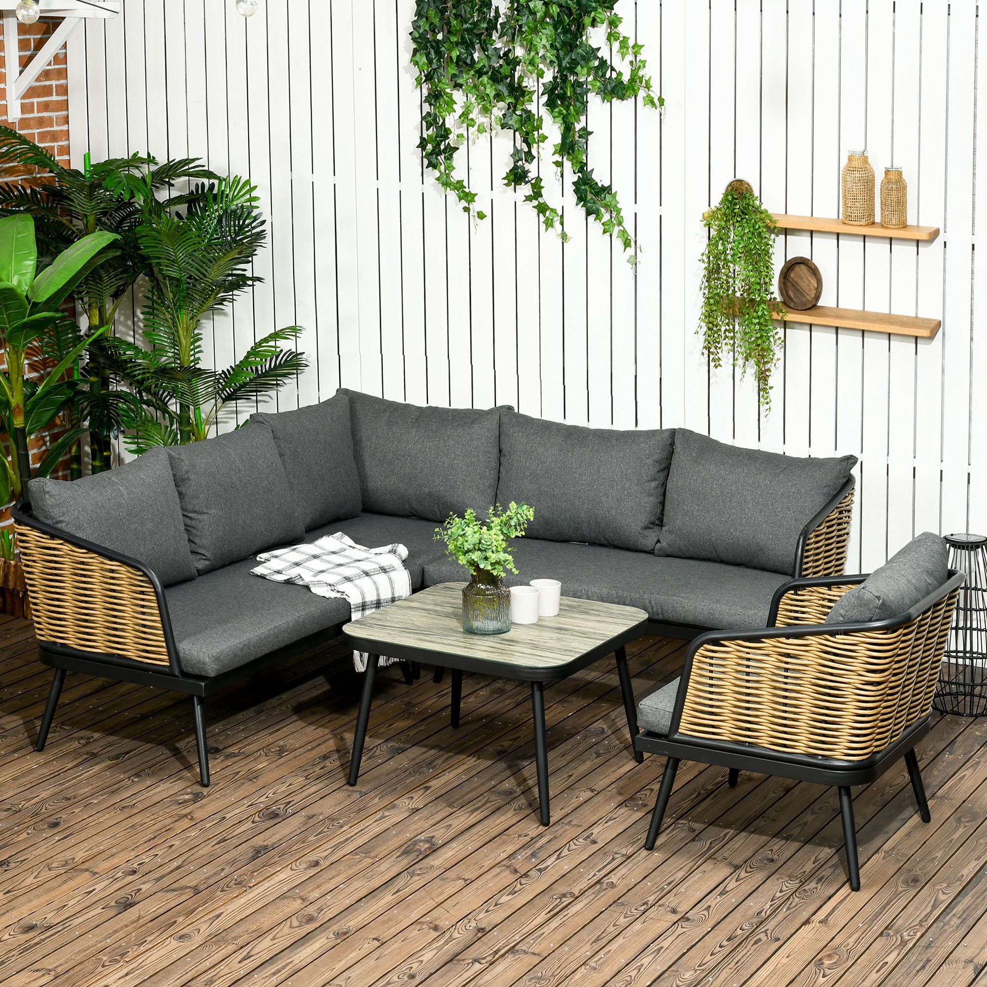 Outsunny Rattan Gartenmöbel-Set mit Sitzkissen braun 123L x 49B x 47H cm