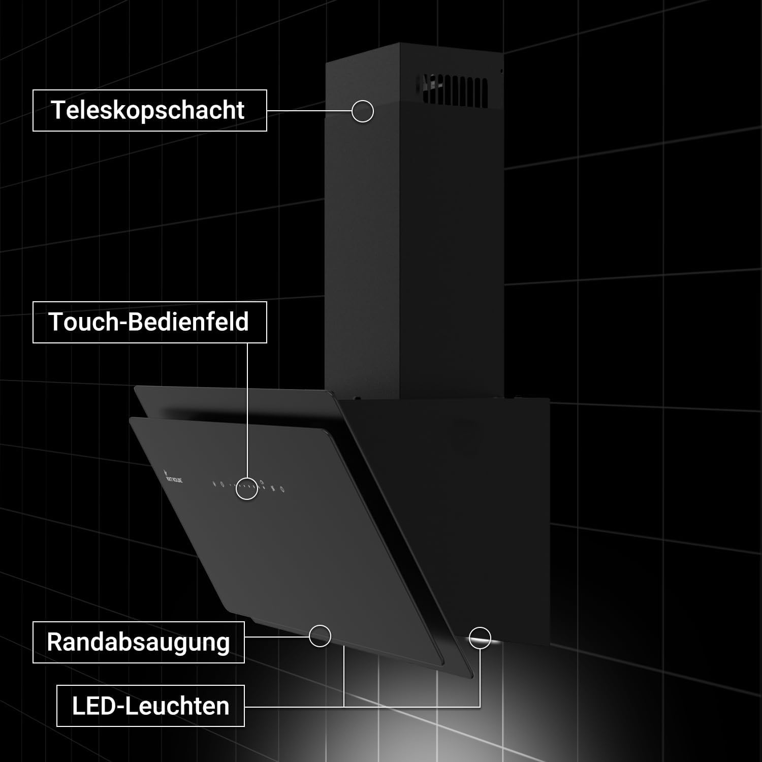 KKT KOLBE A+++ Dunstabzugshaube 90 cm 782 cbm/h | Umluft | Abluft | Kopffrei | Wandhaube | Schräghaube | Schwarz | Glas | Nachlaufautomatik | SensorTouch | LED-Beleuchtung | SOLO9005S