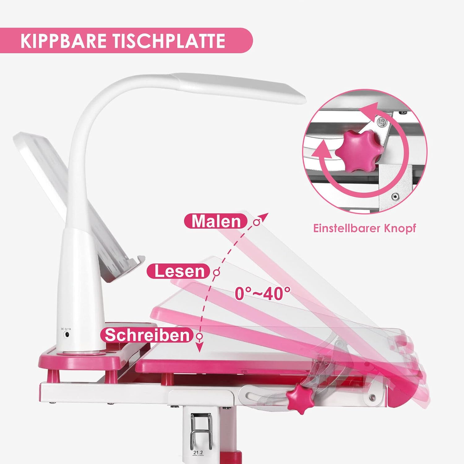 JOYLDIAS Kinderschreibtisch höhenverstellbar, Schülerschreibtisch Jugendschreibtisch mit Lampe, Schreibtisch Kinder mit Stuhl und Schublade inkl. kostenloser Kleineimer/Rosa