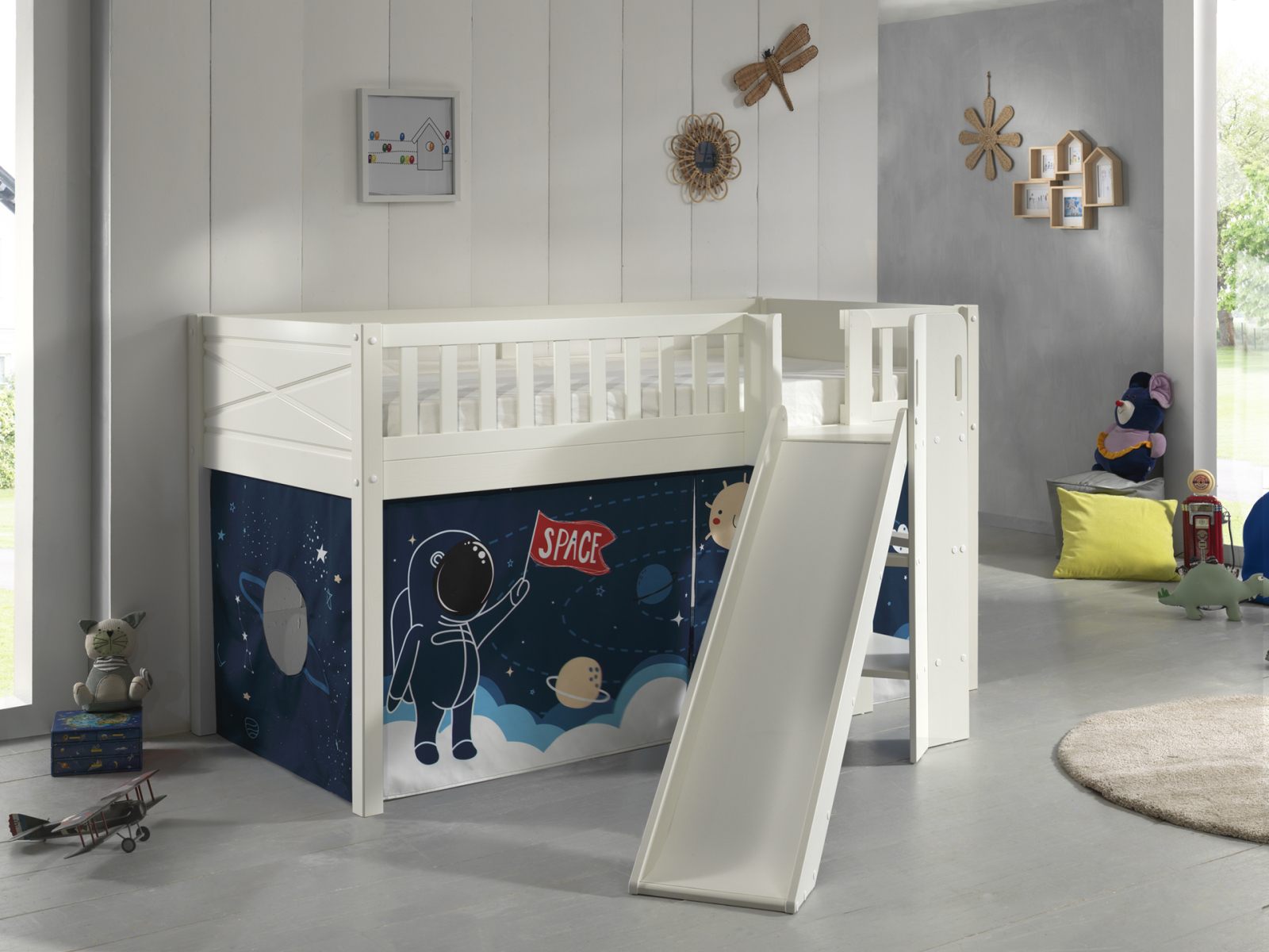 Spielbett SCOTT - weiß - Space Shuttle - mit Rutsche, Vorhang und Leiter - 90x200 cm
