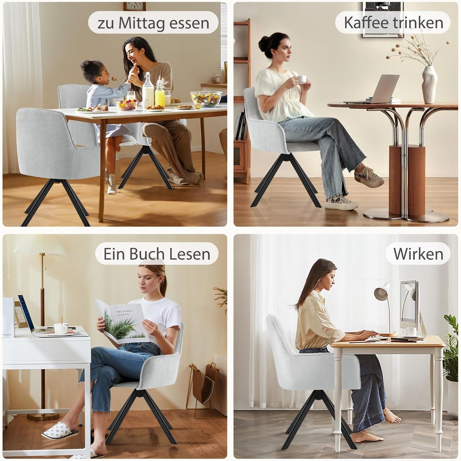 Esszimmerstühle Drehbar mit Armlehne 2er Set, 360°Drehbar Polsterstuhl Küchenstuhl aus Chenille, Stühle Esszimmer Schminkstuhl mit Metallbeine für Esszimmer Küche Schlafzimmer, Hellgrau