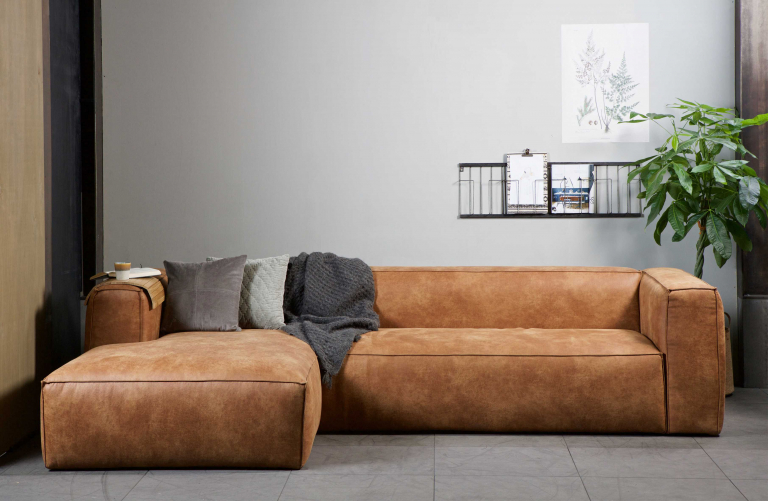 WOOOD Bean bank met chaise longue rechts leer zwart