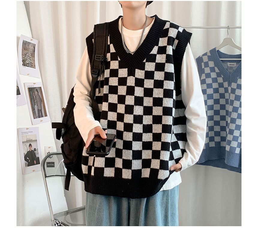Whyessa - V-hals geruit oversized gebreid vest