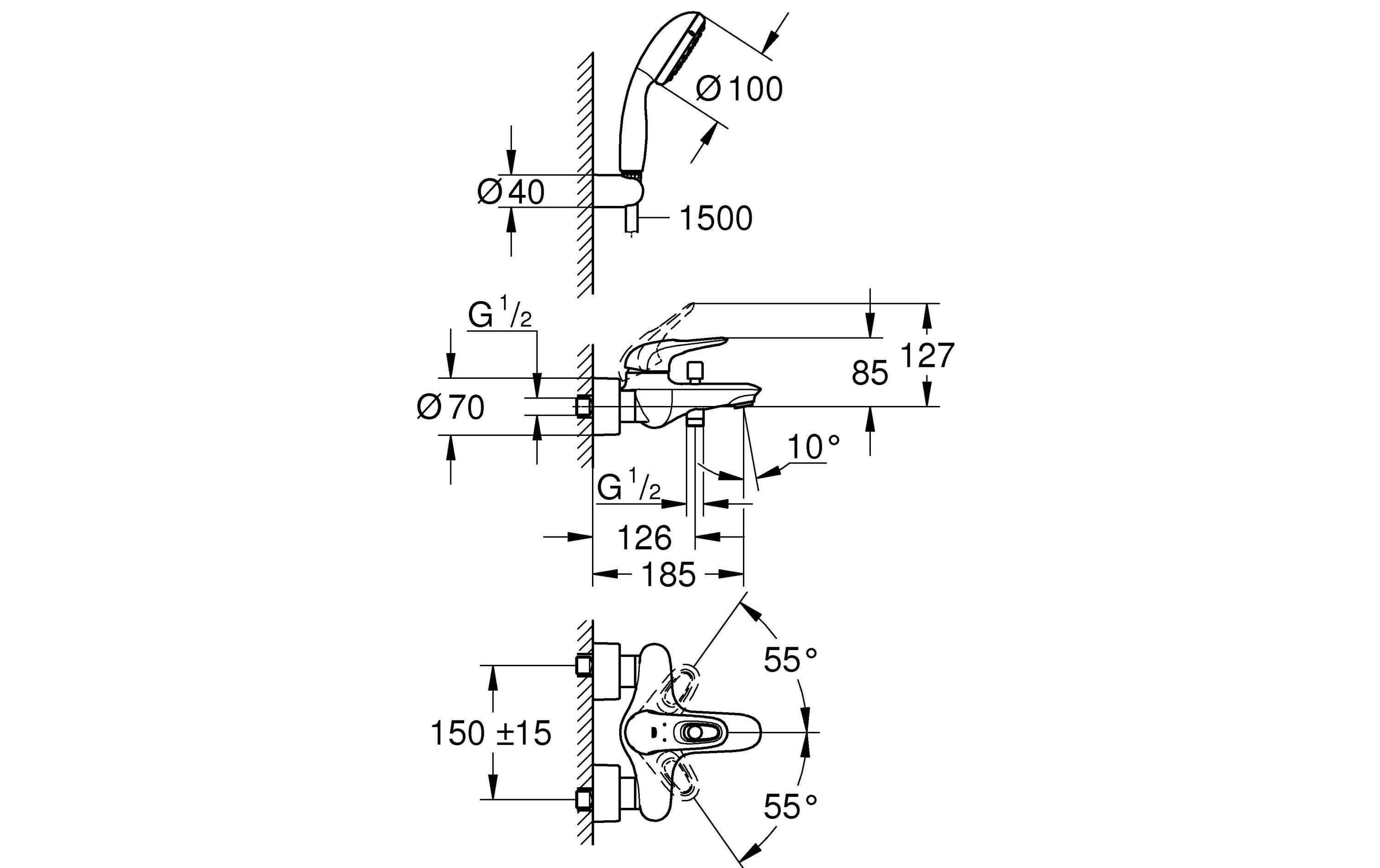 Badewannenarmatur Eurostyle, offener Griff, mit Brause<br>Einhebel-Wannenarmatur