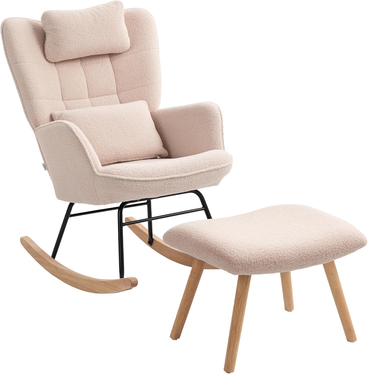 HOMCOM Schaukelstuhl mit Hocker Schaukelsessel Gepolstert Schwingsessel mit Lendenkissen, Kopfstütze, Relaxsessel mit Fleece-Bezug, hoher Rückenlehne Schwingstuhl für Wohnzimmer Beige