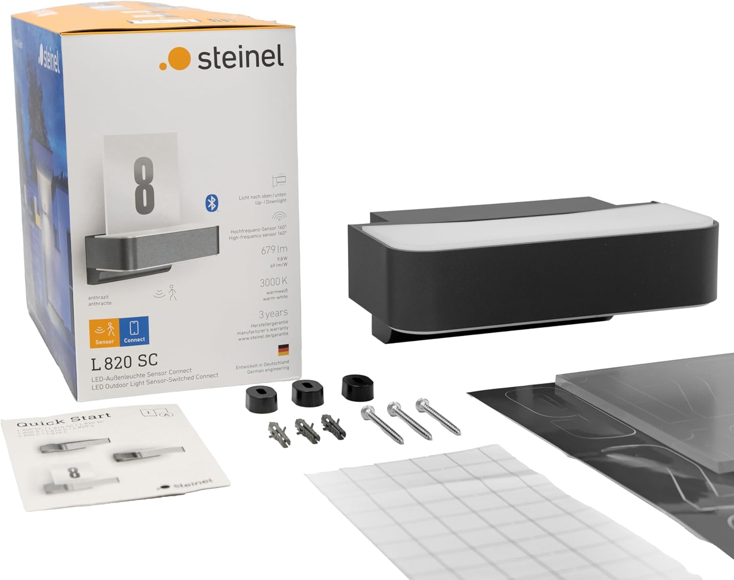 Steinel LED-Außenwandleuchte L 820 SC anthrazit, 9,8 W, 679 lm, inkl. Hausnummer, 160° iHF-Bewegungsmelder, vernetzbar, per App bedienbar, Aluminium