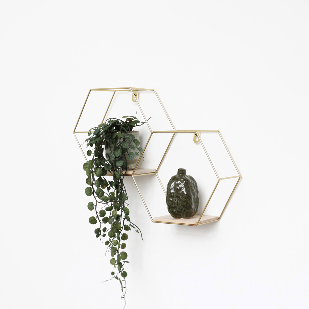 Etagère murale double hexagonale en métal - 30,5x41 cm - or