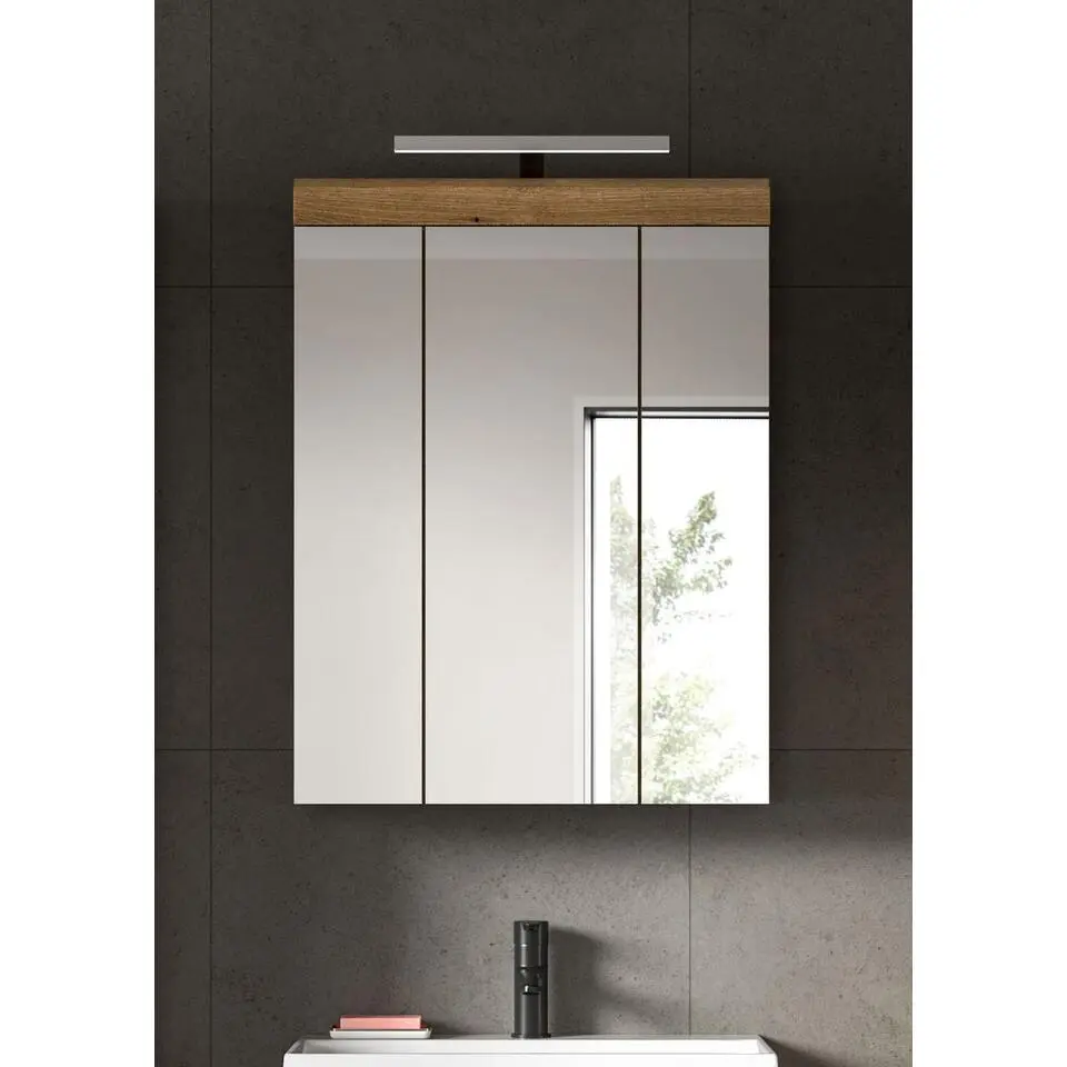 Hioshop Scout spiegelkast inclusief verlichting 3 spiegeldeuren eiken decor