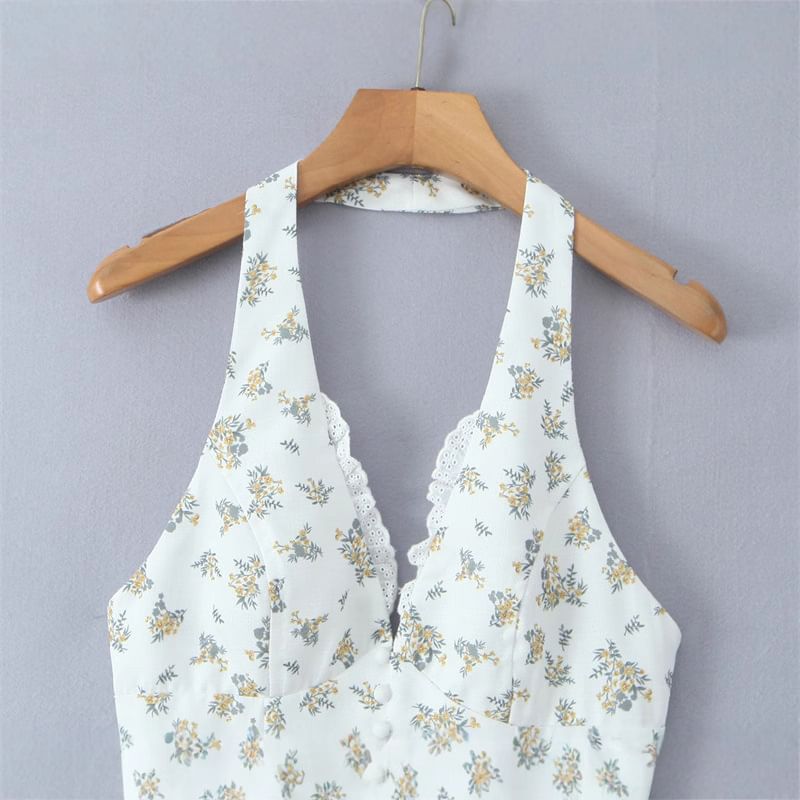 Avauntgardo - Halter V-hals bloemenprint kanten rand open rug mini A-lijn jurk