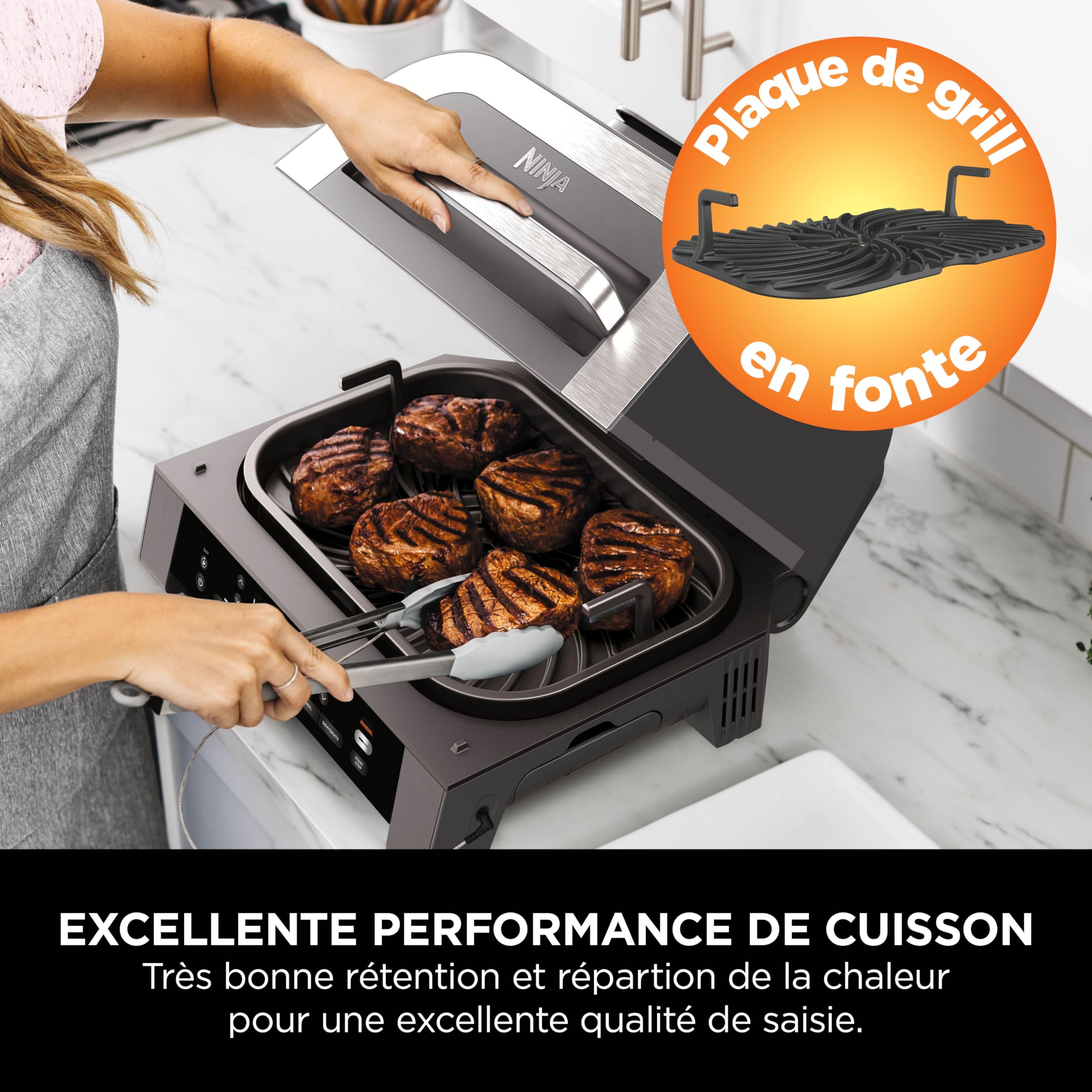 Ninja MAX 6-en-1 Grill d’intérieur et friteuse sans huile, 6 modes, cuit jusqu’à 6 hamburgers, capacité 3,8 l, faible dégagement de fumée, thermomètre