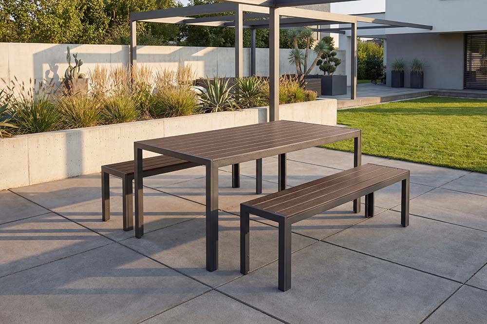 Moderne Gartenbank DESIGNO 130cm dunkelbraun schwarz Aluminium wetterfest Outdoor Sitzbank