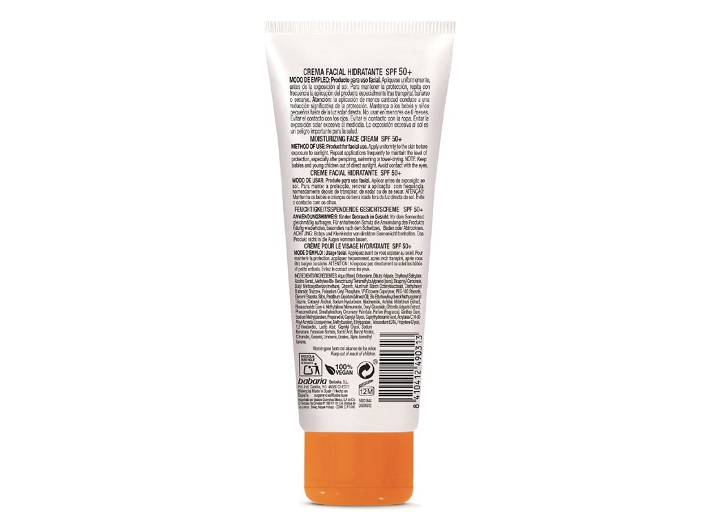 PROTETOR SOLAR ROSTO BABARIA HIALURÓNICO SPF50 75ML