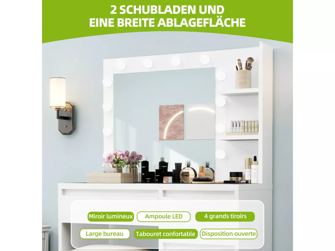 YITAHOME Coiffeuse avec éclairage LED - Miroir - Étagère ouverte - 4 tiroirs - Blanc