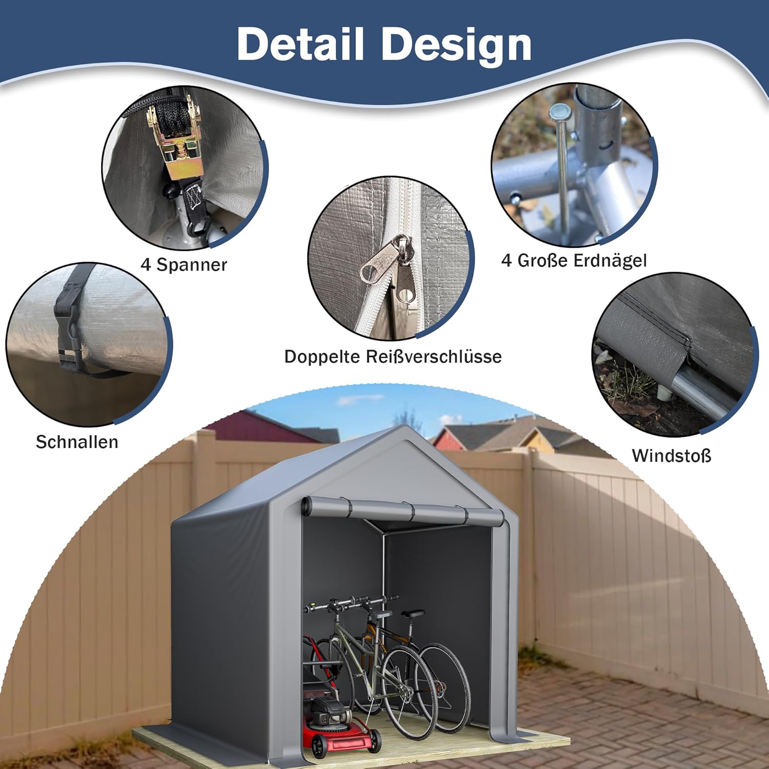 Garagenzelt 190x170x200cm, Wasserdichtes Lagerzelt mit Rolltor, Robuster Stahlrahmen & UV-beständige Plane, Grau – Ideal für Fahrräder, Gartenmöbel & Mehr