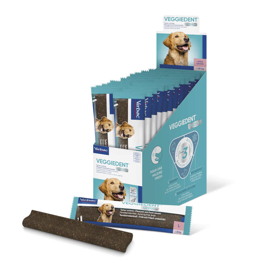 Petiscos dentais frescos Virbac Veggiedent para cães de raças grandes.