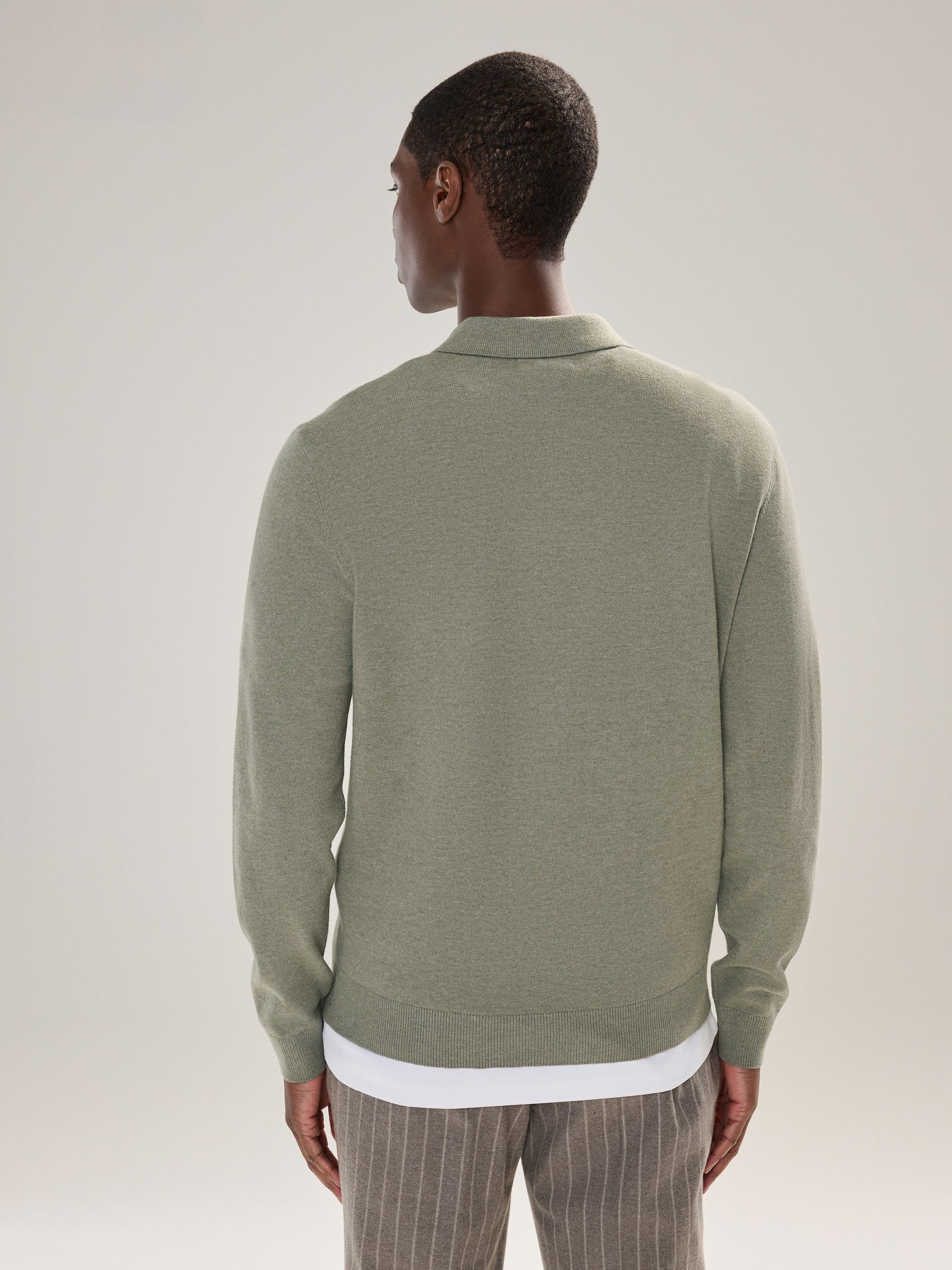 Grijs-groen - Effen - Regular Fit Essential Long Sleeve Knitted Polo Shirt