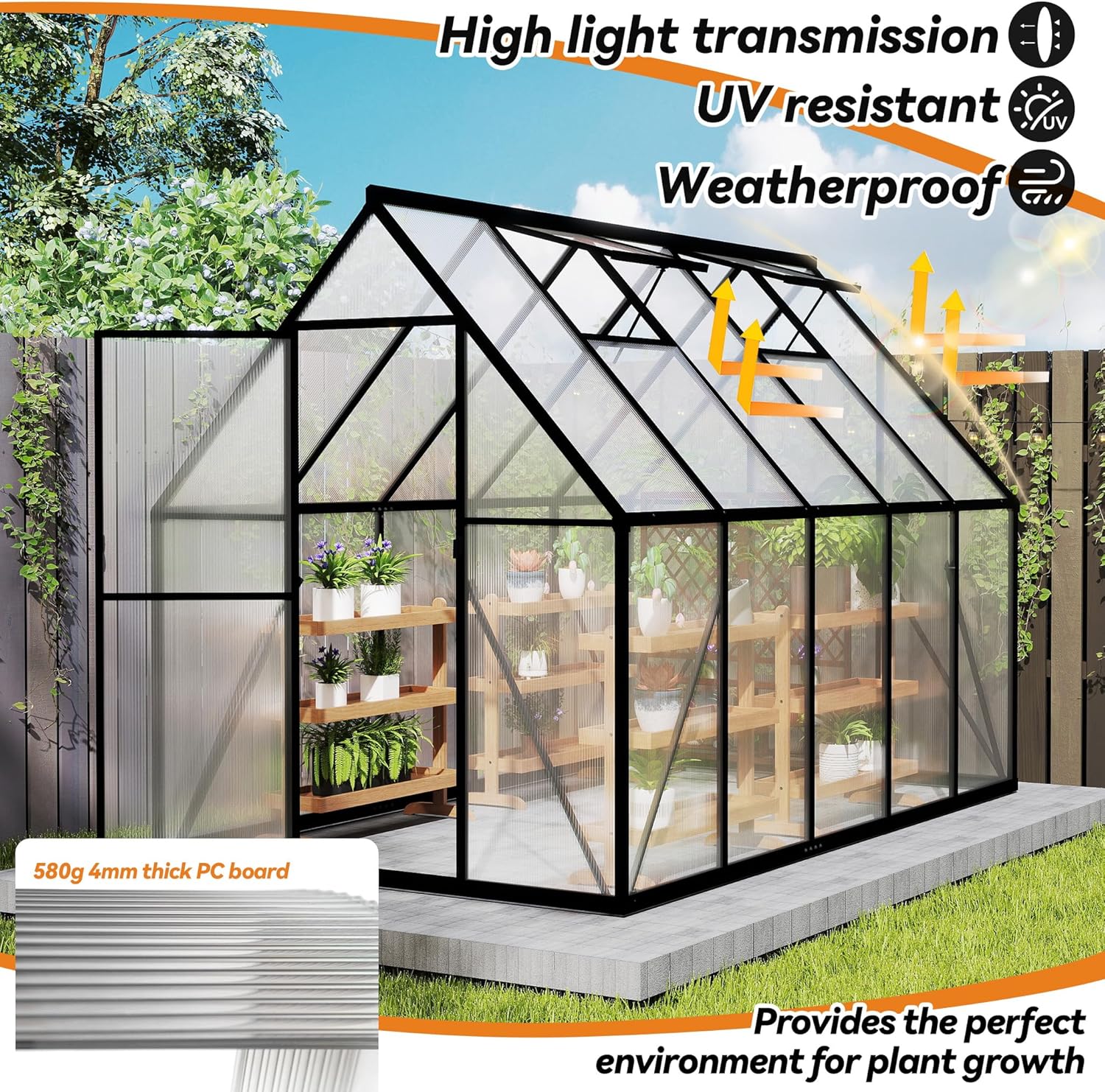 Gewächshaus Aluminium Gartengewächshäuser mit 6 cm Fundament und 4 mm PC Platte Treibhaus Tomatenhaus Gartenhaus UV beständig Wetterfest für den Garten, 280x180x195 cm