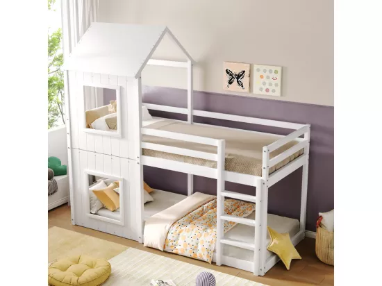Lits superposés enfant 2 x 90 x 200 cm - avec échelle et garde-corps - charge max 120kg - Pin - Blanc