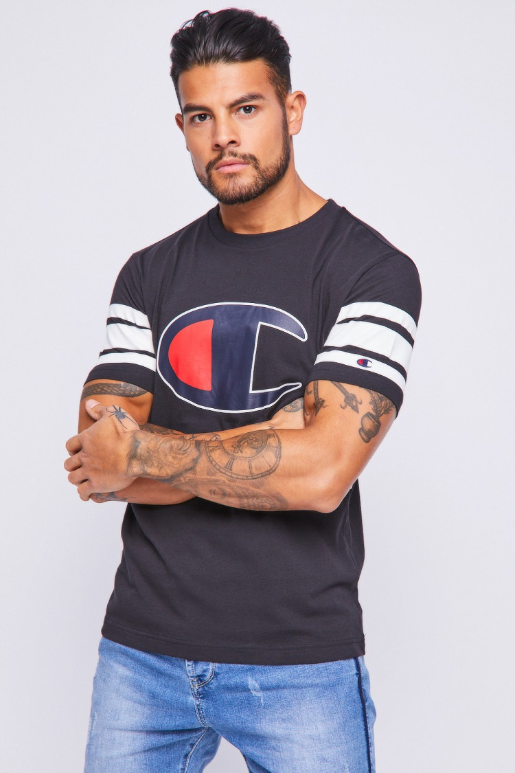 T-shirt Champion noir à bandes blanches