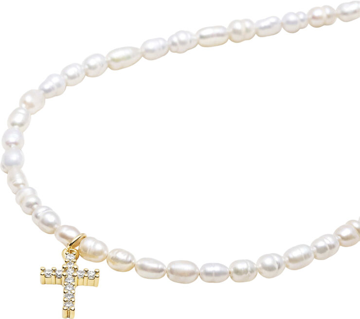 Nialaya Men's Mini Pearl Choker with Cross White