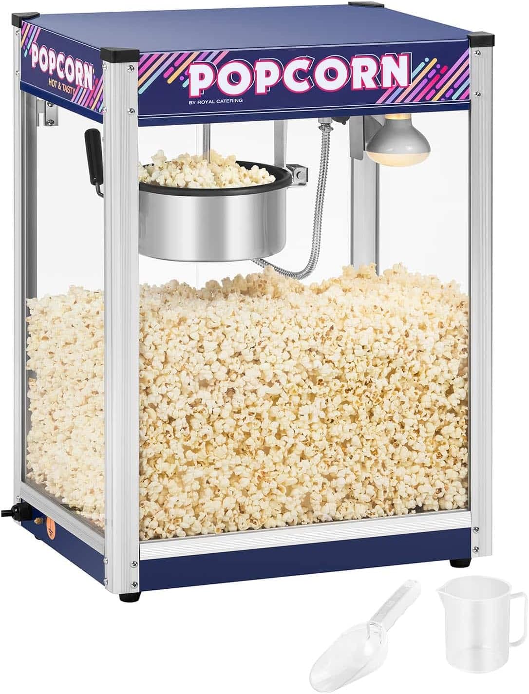 Royal Catering Popcornmaschine Retro-Design in Blau 1500 W 5 kg/h beleuchteter Innenraum entnehmbarer Topf mit Antihaftbeschichtung perforierter Boden Krümelschublade