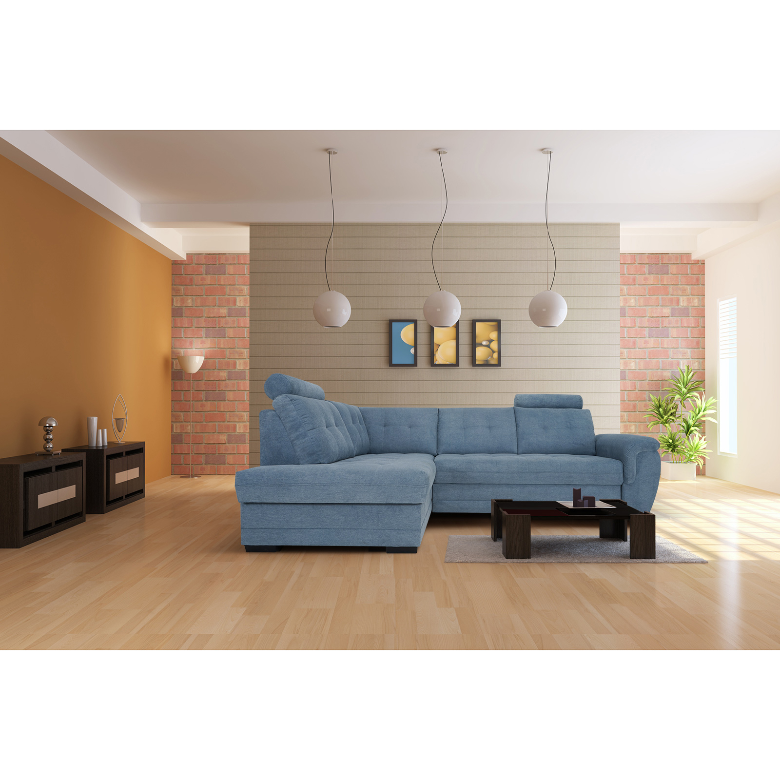 Ecksofa - blue - Velours - Liegefunktion - Staukasten links